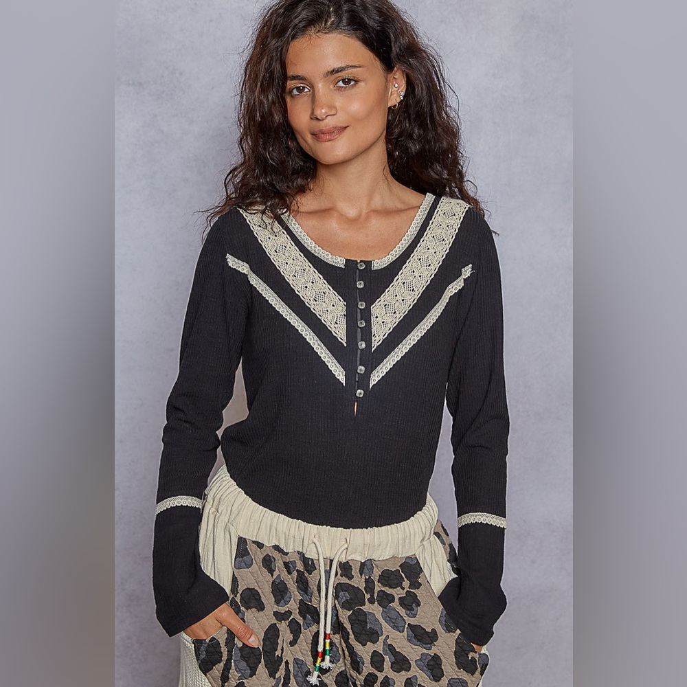 POL Black and Cream Long Sleeve Top